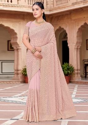 Peach Embroidered Georgette Saree Set