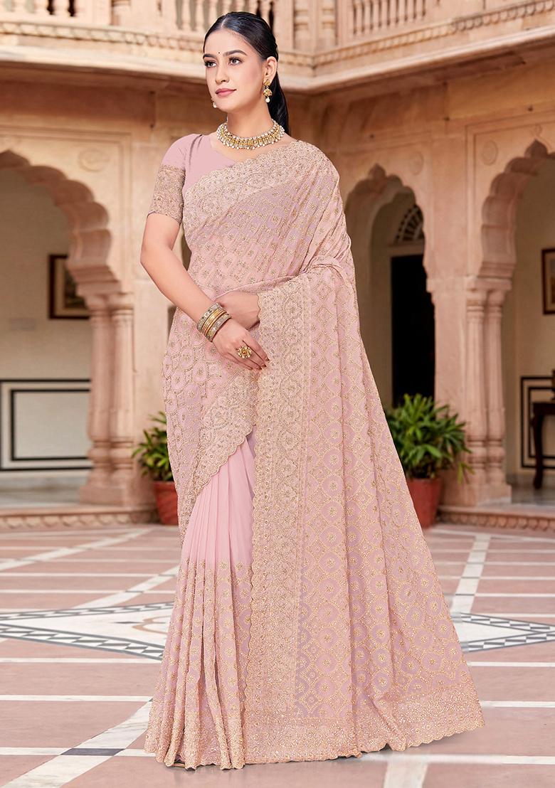 Peach Embroidered Georgette Saree Set - Indya