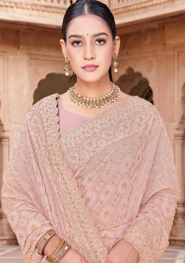 Peach Embroidered Georgette Saree Set - Indya