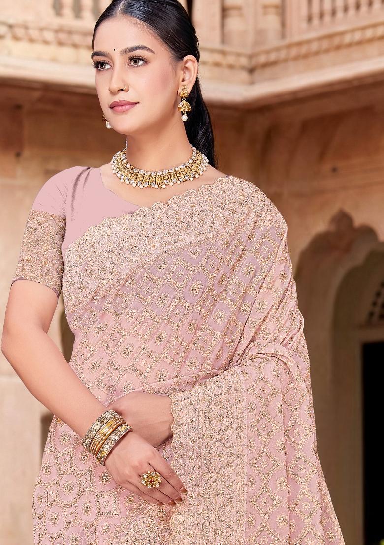 Peach Embroidered Georgette Saree Set - Indya