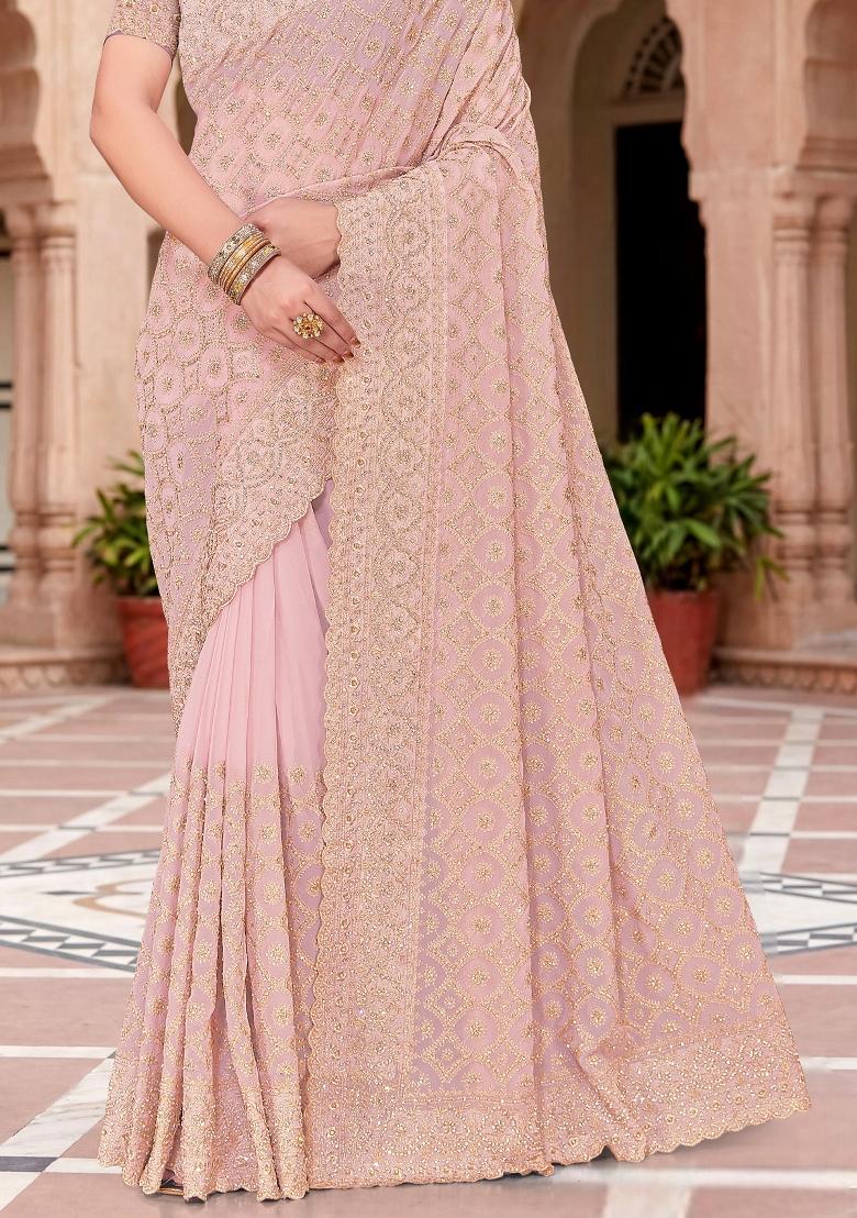 Peach Embroidered Georgette Saree Set - Indya