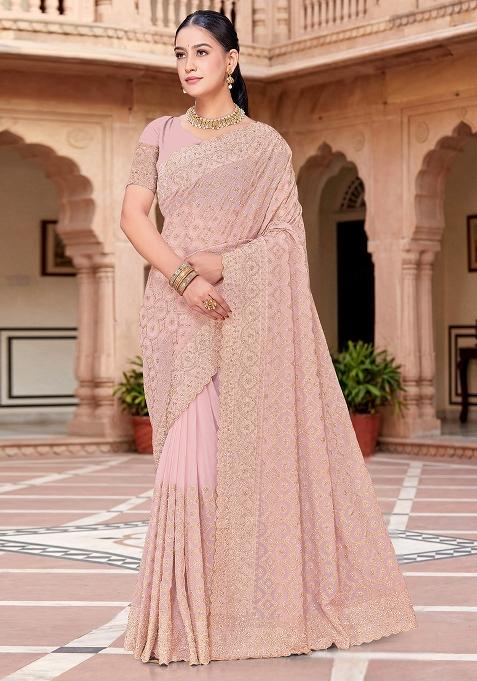 Peach Embroidered Georgette Saree Set