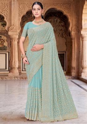 Sea Green Embroidered Georgette Saree Set