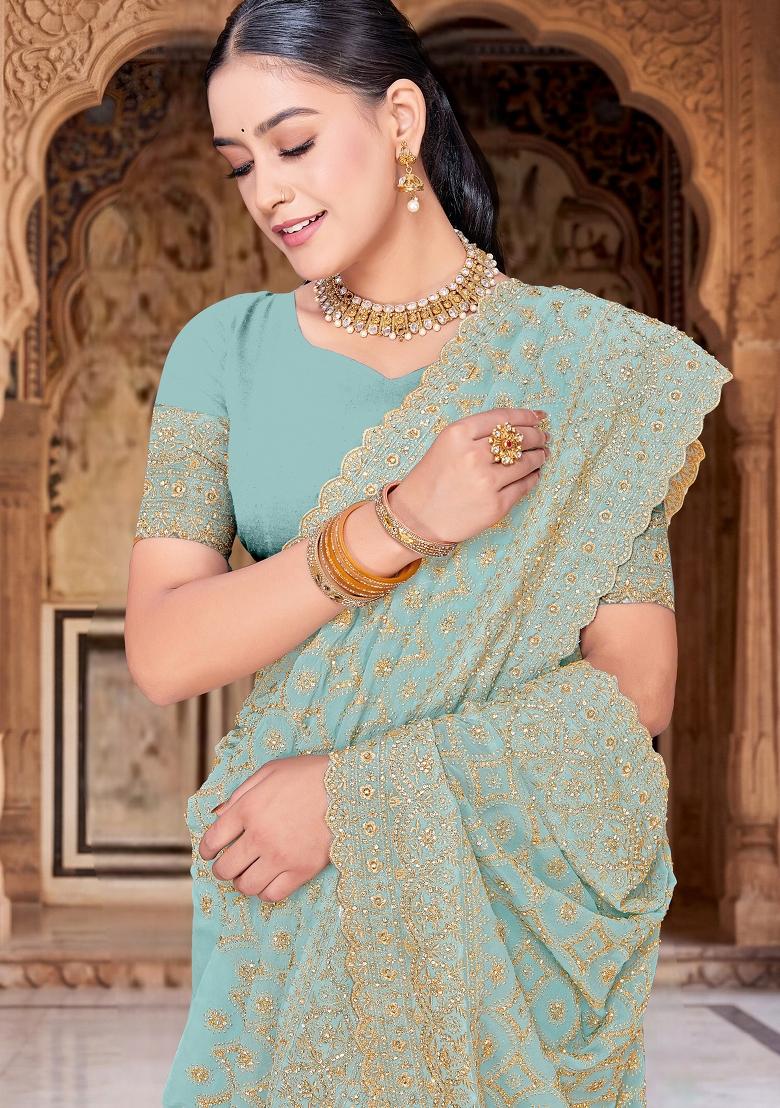 Sea Green Embroidered Georgette Saree Set - Indya