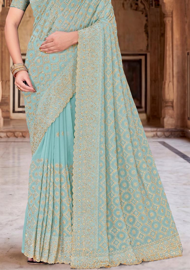 Sea Green Embroidered Georgette Saree Set - Indya