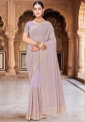 Lavender Embroidered Georgette Saree Set