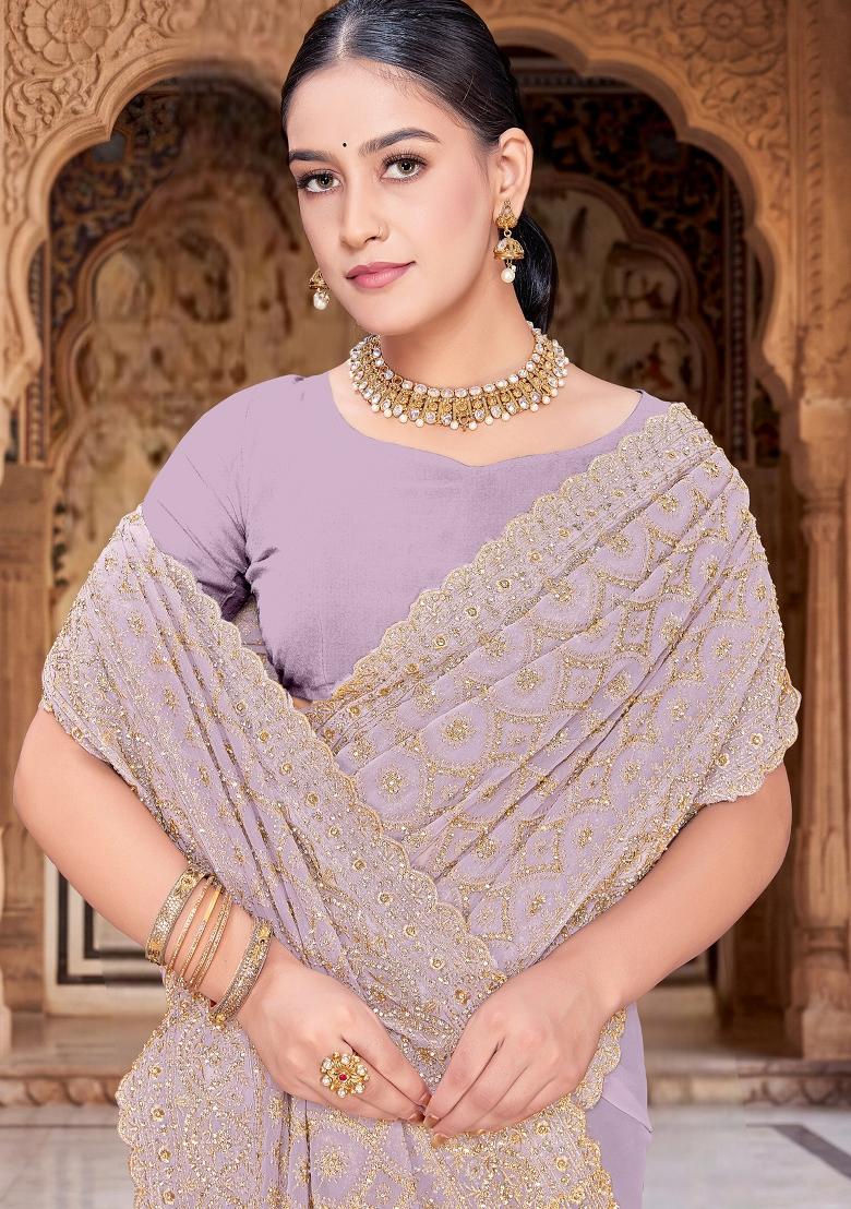 Lavender Embroidered Georgette Saree Set - Indya