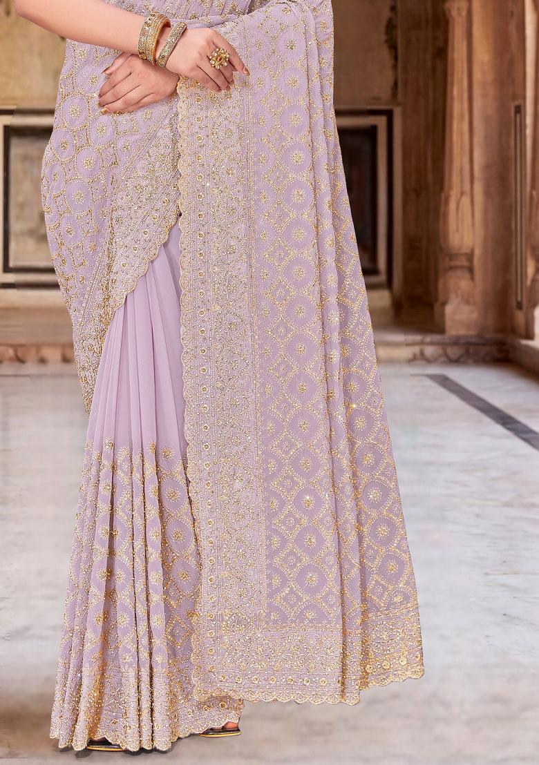 Lavender Embroidered Georgette Saree Set - Indya