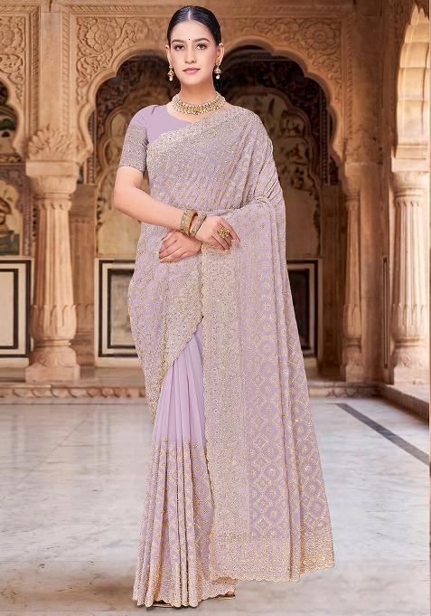 Lavender Embroidered Georgette Saree Set