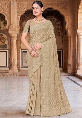 Beige Embroidered Georgette Saree Set