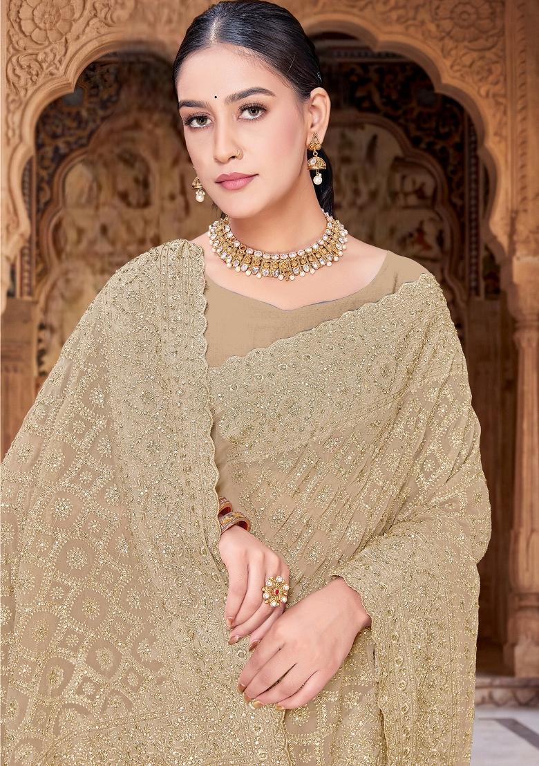 Beige Embroidered Georgette Saree Set - Indya