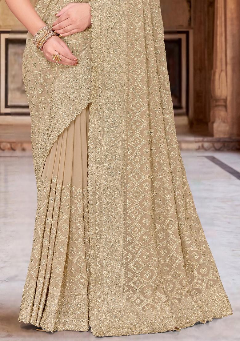 Beige Embroidered Georgette Saree Set - Indya