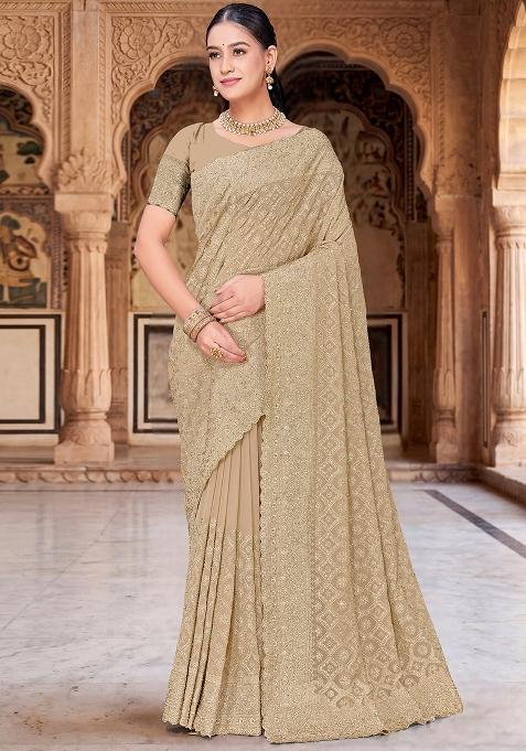 Beige Embroidered Georgette Saree Set