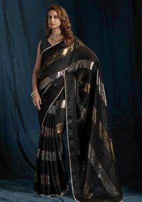 Black Embroidered Silk Saree Set