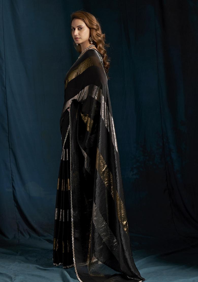 Black Embroidered Silk Saree Set - Indya