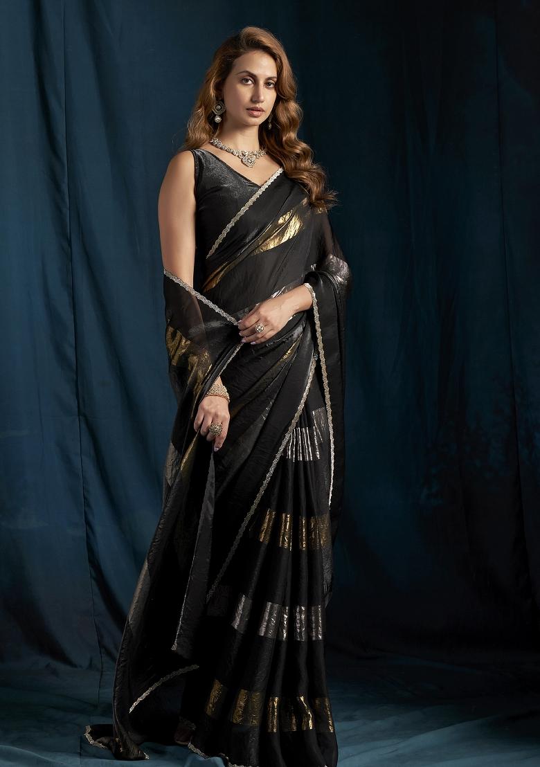 Black Embroidered Silk Saree Set - Indya