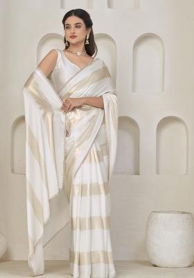 White Embroidered Silk Saree Set