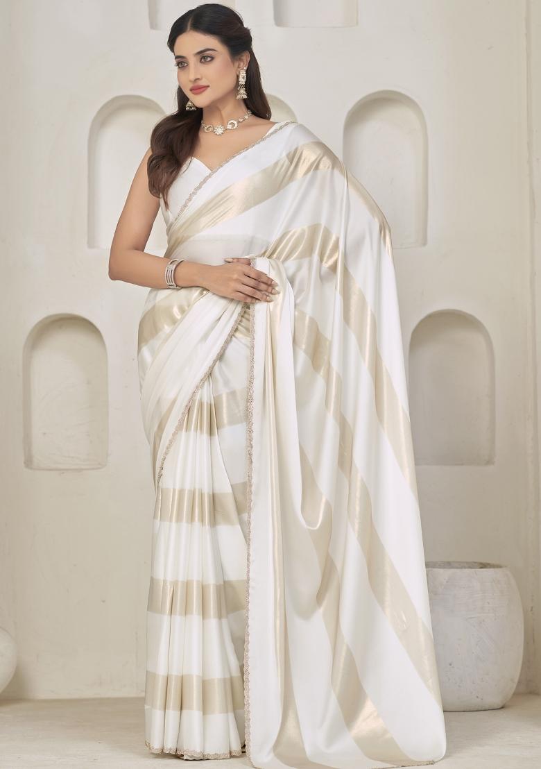White Embroidered Silk Saree Set - Indya