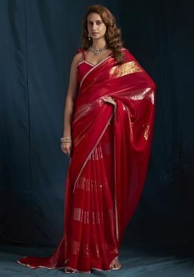 Magenta Embroidered Silk Saree Set