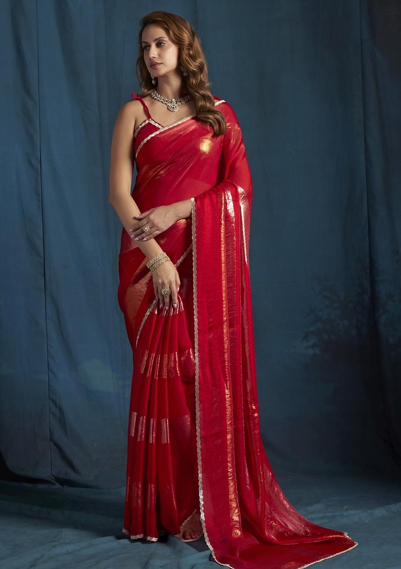 Magenta Embroidered Silk Saree Set - Indya