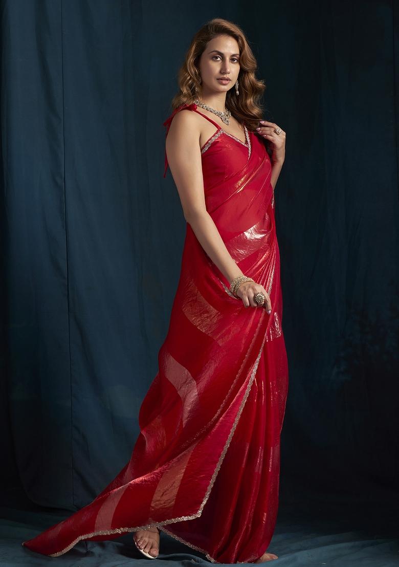 Magenta Embroidered Silk Saree Set - Indya