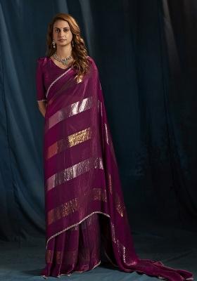 Wine Embroidered Silk Saree Set