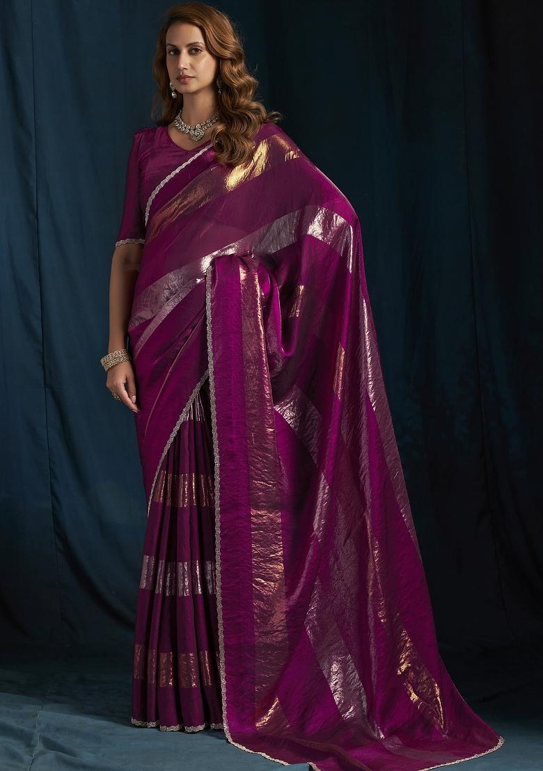 Wine Embroidered Silk Saree Set - Indya
