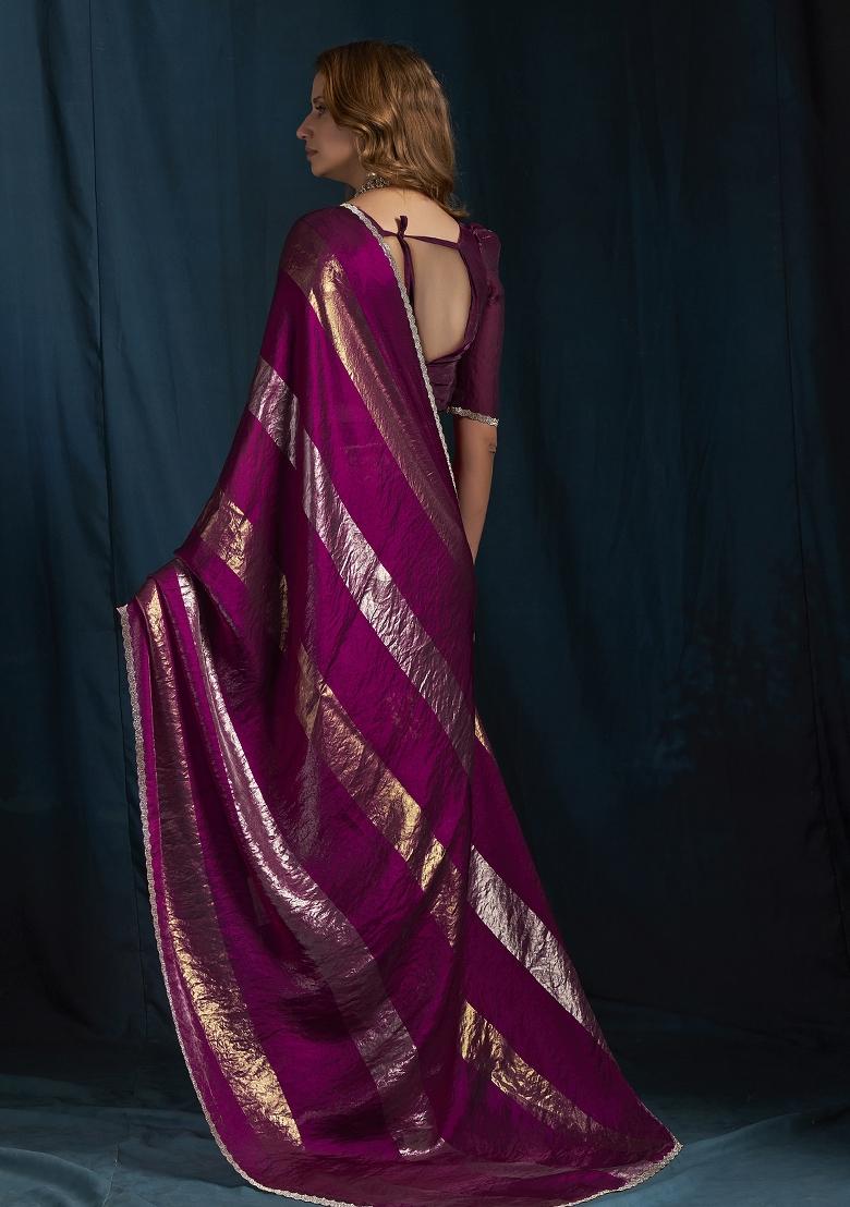 Wine Embroidered Silk Saree Set - Indya