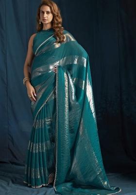 Teal Embroidered Silk Saree Set