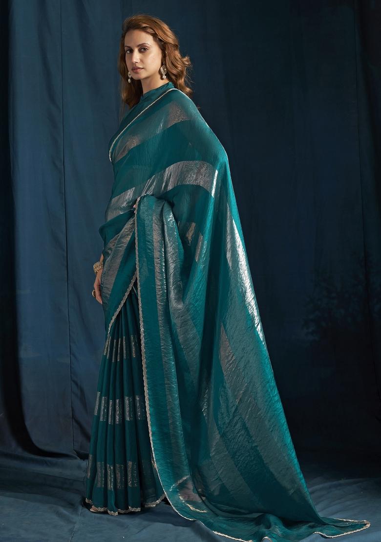 Teal Embroidered Silk Saree Set - Indya