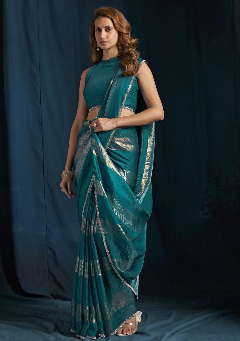Teal Embroidered Silk Saree Set - Indya