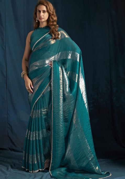 Teal Embroidered Silk Saree Set