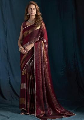Maroon Embroidered Silk Saree Set