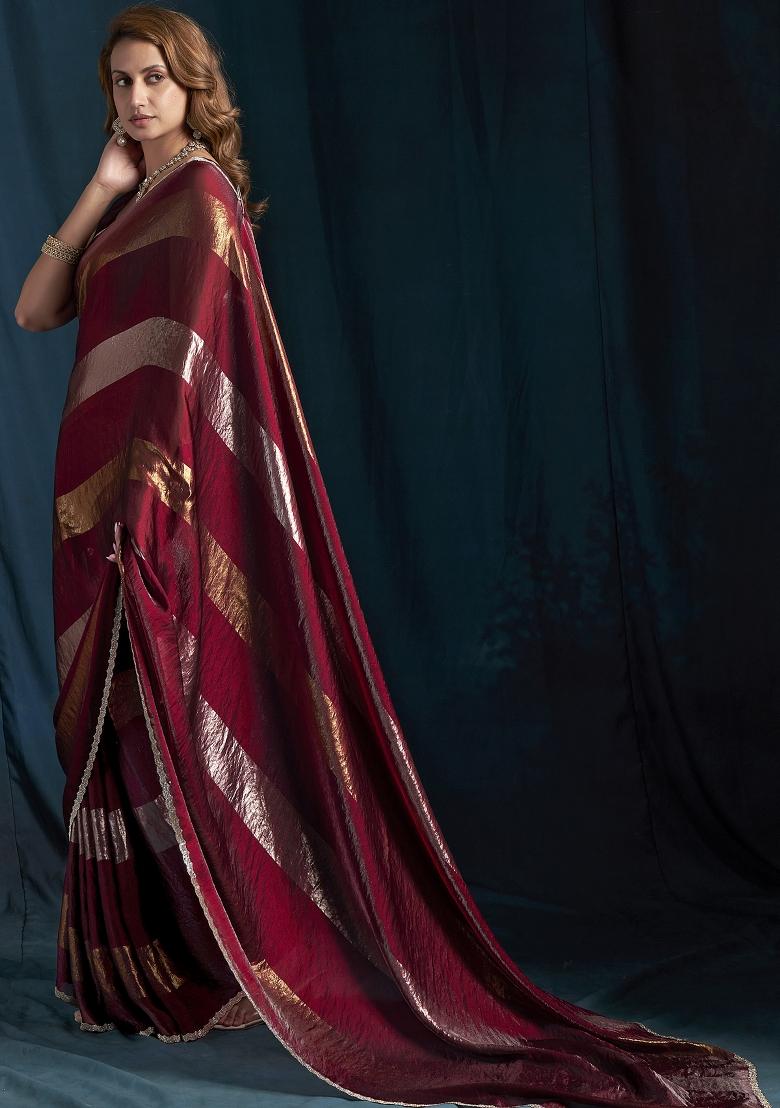 Maroon Embroidered Silk Saree Set - Indya