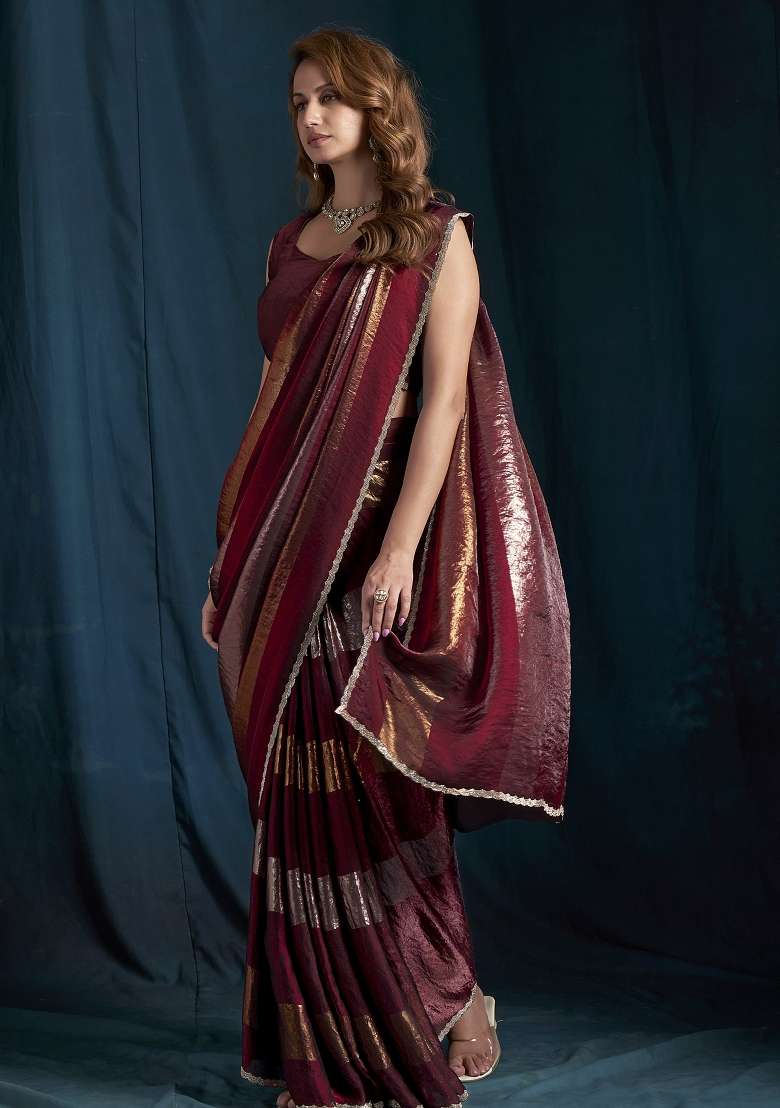 Maroon Silk Saree Set with Embroidered for Diwali | Wedding & Festive Wear - Indya