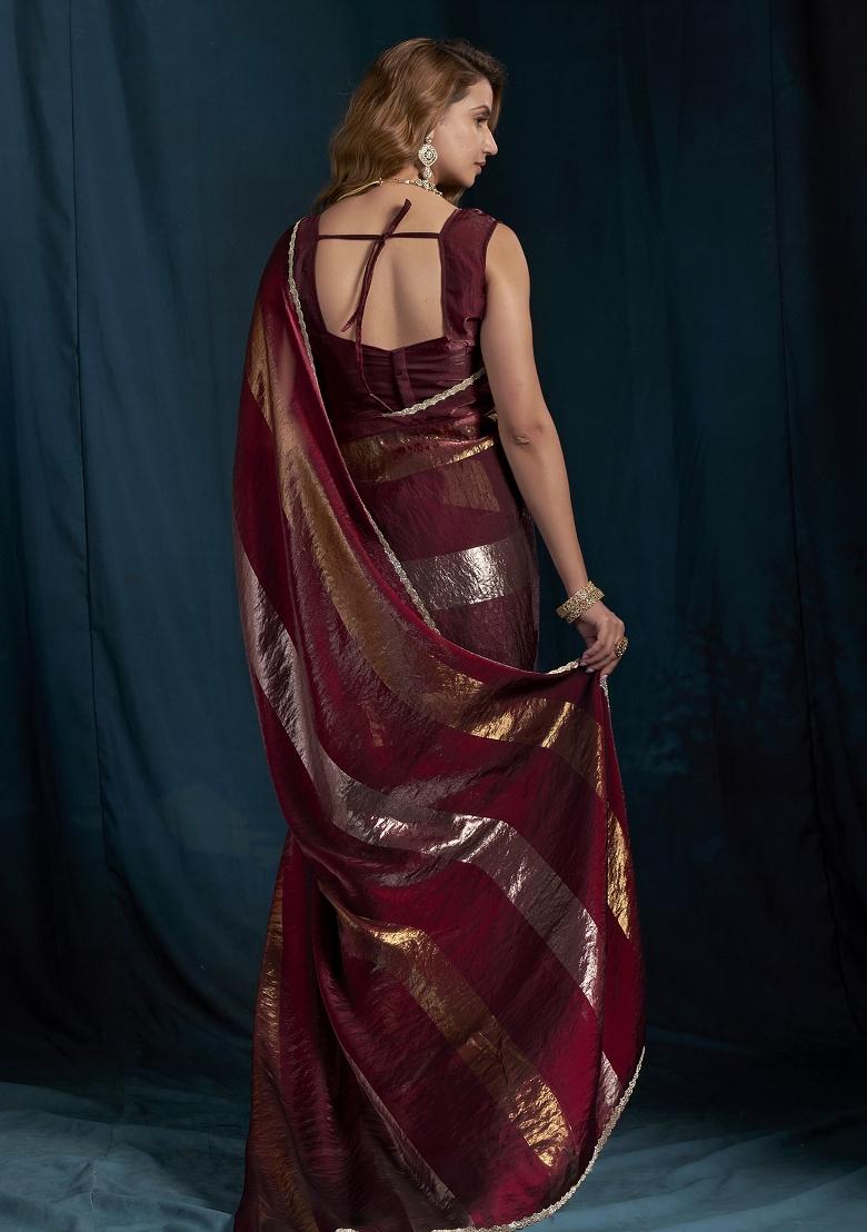 Maroon Embroidered Silk Saree Set - Indya