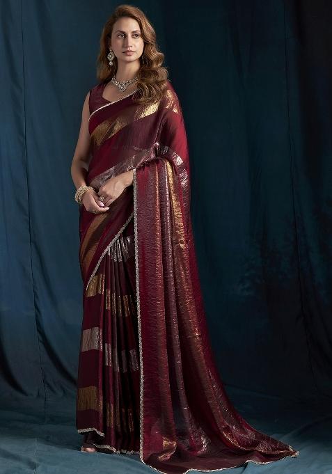 Maroon Embroidered Silk Saree Set