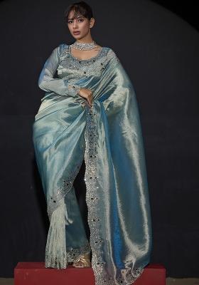 Sky Blue Embroidered Silk Saree Set