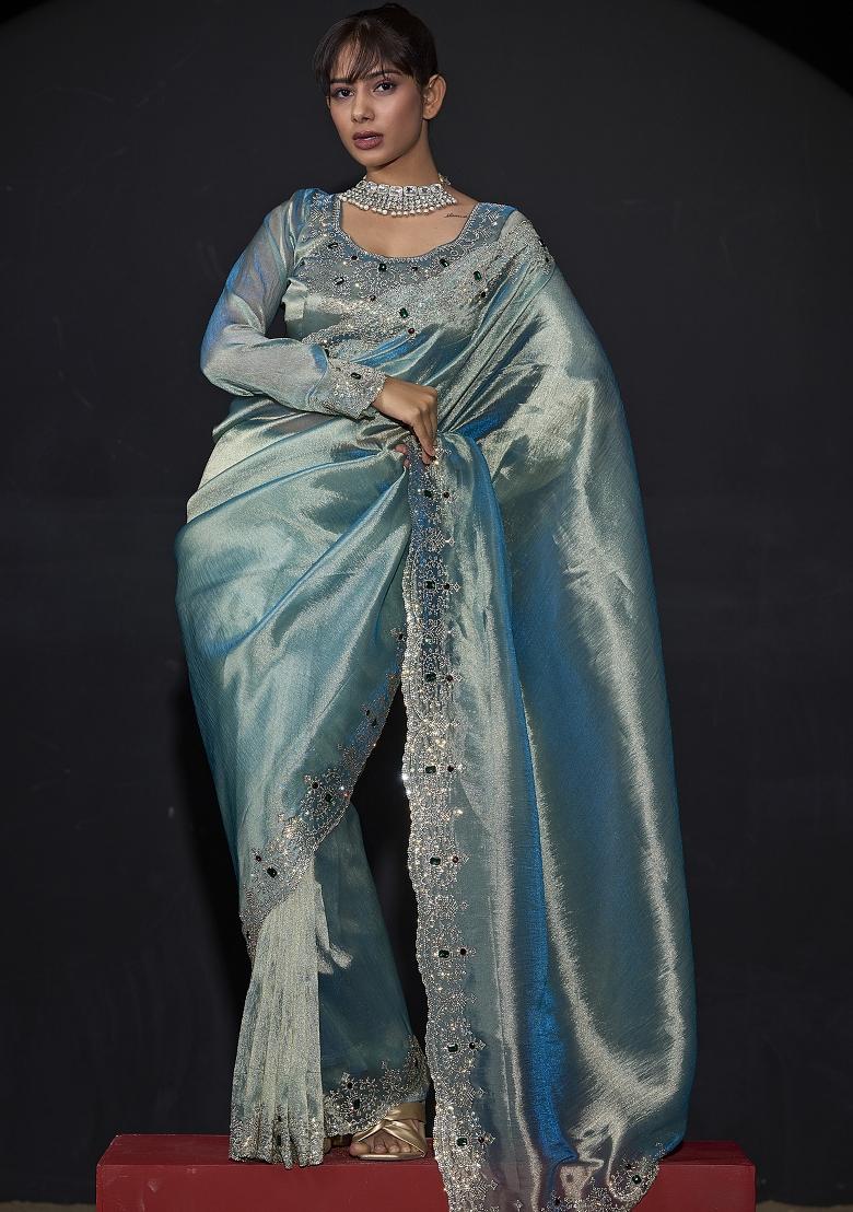 Sky Blue Embroidered Silk Saree Set - Indya