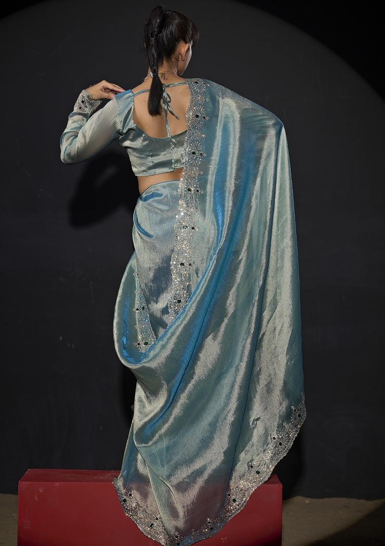 Sky Blue Embroidered Silk Saree Set - Indya