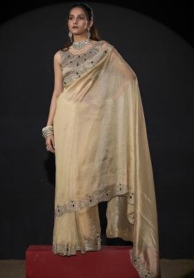 Beige Embroidered Silk Saree Set