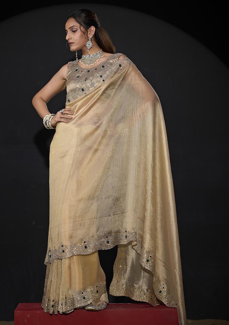 Beige Embroidered Silk Saree Set - Indya