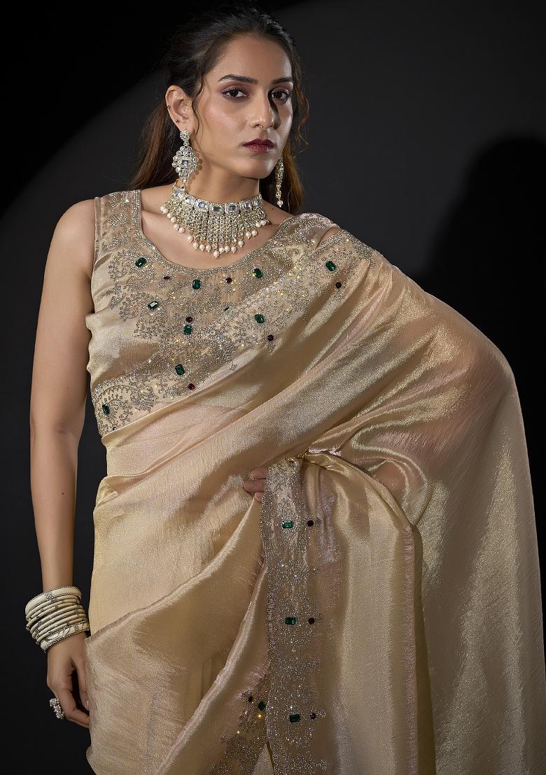 Beige Embroidered Silk Saree Set - Indya