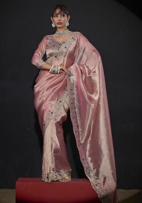 Pink Embroidered Silk Saree Set