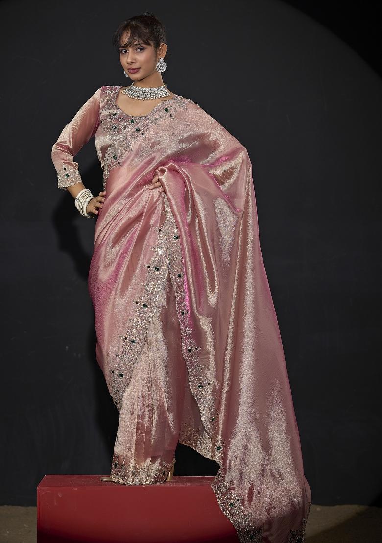 Pink Embroidered Silk Saree Set - Indya