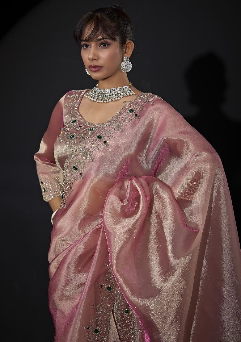 Pink Embroidered Silk Saree Set - Indya