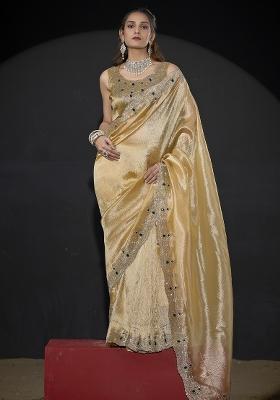 Yellow Embroidered Silk Saree Set