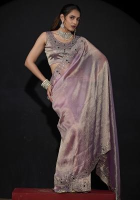 Lavender Embroidered Silk Saree Set