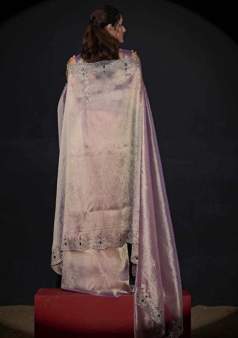 Lavender Embroidered Silk Saree Set - Indya