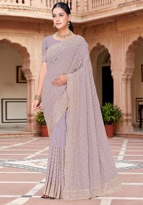 Lavender Embroidered Georgette Saree Set